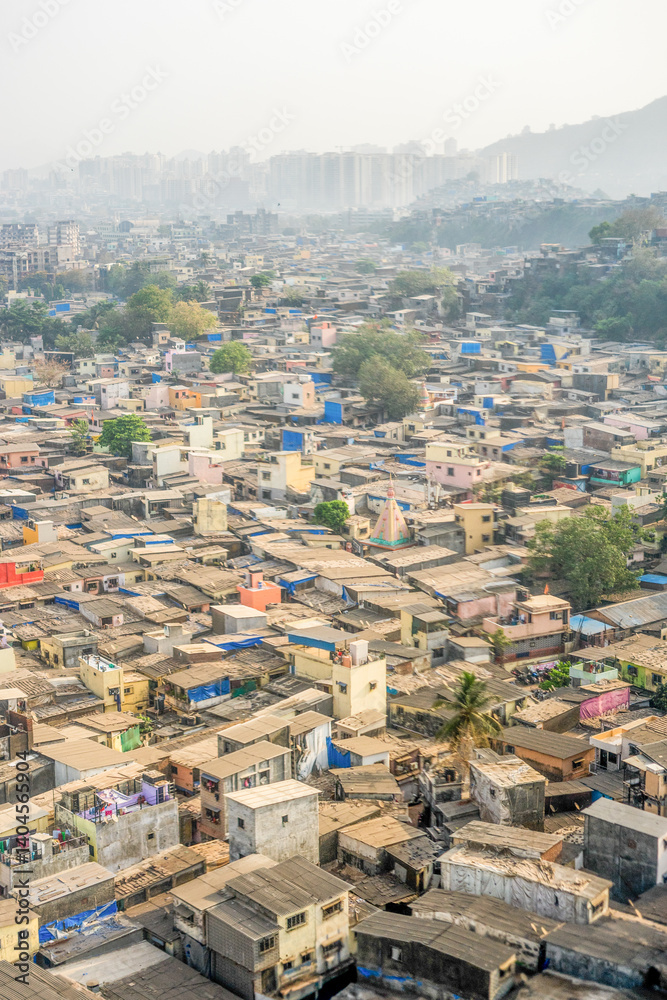 India, Maharashtra, Mumbai, a view of a city skyline dharavi slum and tall buildings
