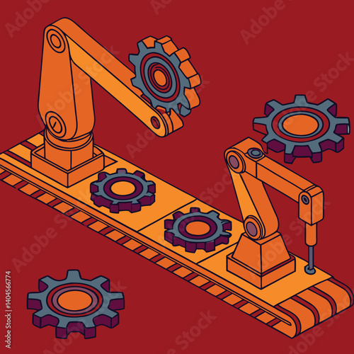 A sleek seamless pattern showcasing industrial robots, automated machines, and mechanical assembly lines with clean geometric shapes in isometric style ideal for engineering designs