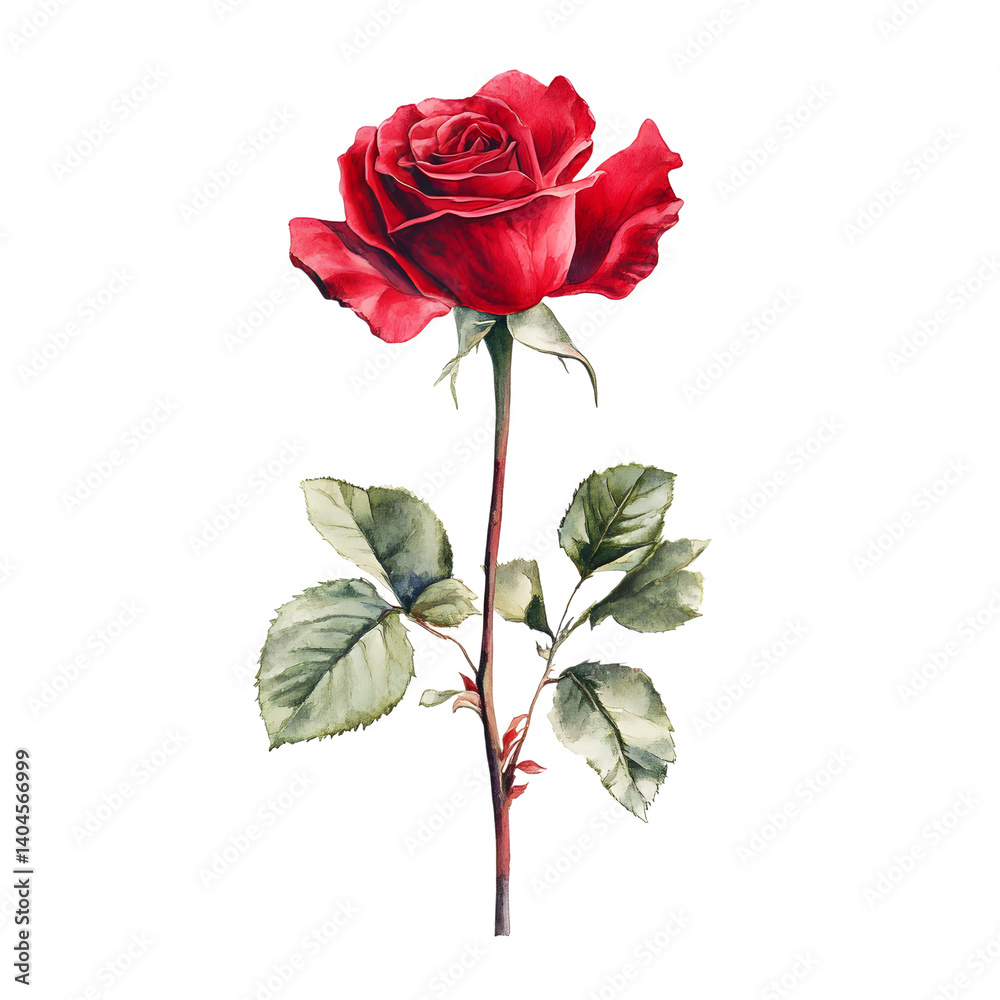Fototapeta premium Watercolor Illustration of a Single Red Rose