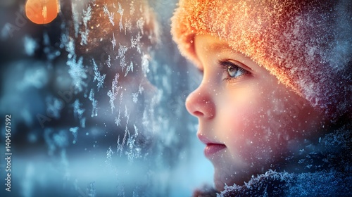 A child gazing out of a window covered in frost illuminated by a soft warm glow
