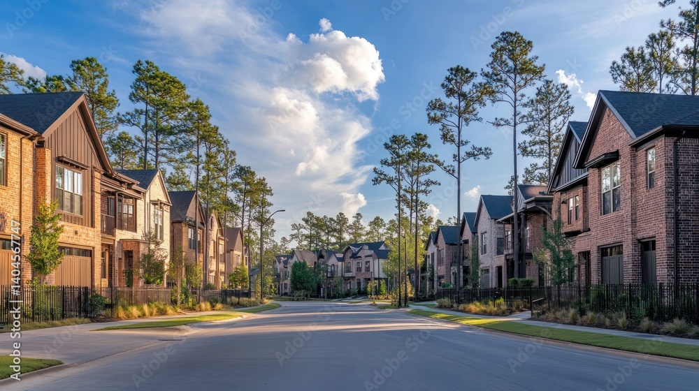 Suburban Street with Brick Homes and Lush Trees Suburban Street with Brick Homes and Lush Trees