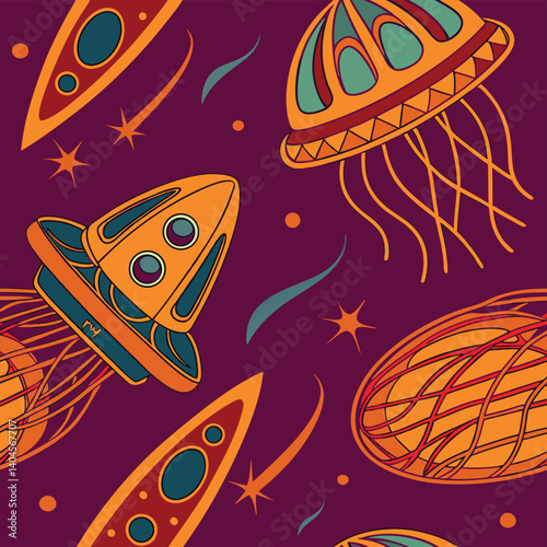 A fantastical seamless pattern filled with abstract sci-fi features such as dimensional portals, floating islands, glitches, and alien constructs in vibrant imaginative illustration style