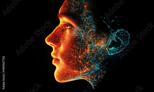 An artistic portrayal of a human face is intricately rendered with light particles. The warm orange tones blend seamlessly with the cool blues.