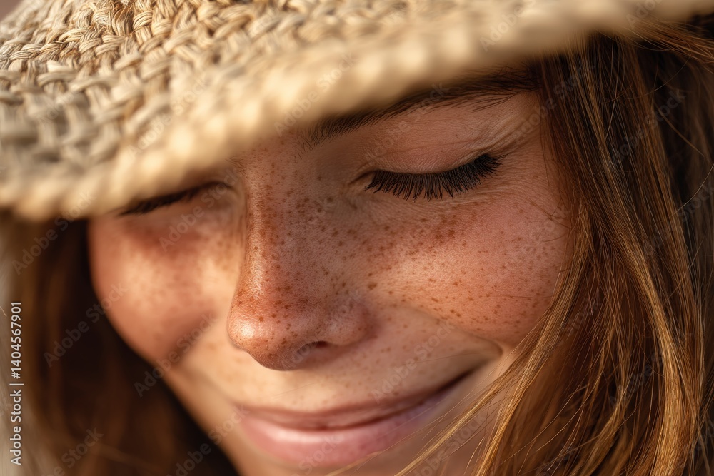 a smiling freckled woman with closed eyes wearing a straw hat and enjoying her holiday a smiling freckled woman with closed eyes wearing a straw hat and enjoying her holiday