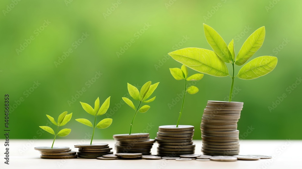 Stable growth concept with stacked bronze, copper, gold and silver coins alongside thriving green plant sprouting on luminous green bokeh background. Financial prosperity symbolism for business invest Stable growth concept with stacked bronze, copper, gold and silver coins alongside thriving green plant sprouting on luminous green bokeh background. Financial prosperity symbolism for business invest