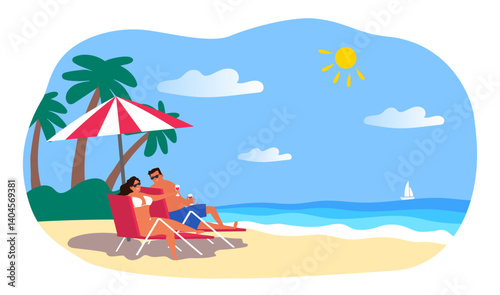happy couple relaxing on the beach summer vacation vector illustration