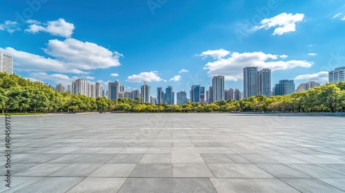 City park plaza, urban skyline backdrop, sunny day, empty space, advertisement