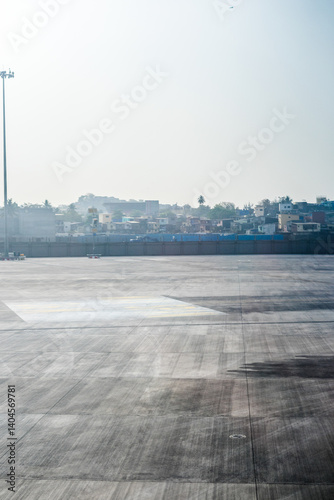 India, Maharashtra, Mumbai, a hazy view of the city slum viewed from the airport