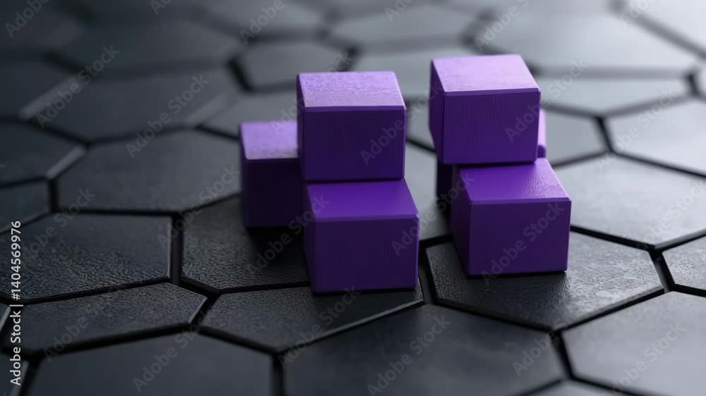Colorful purple blocks in geometric arrangement on textured hexagonal surface create striking visual contrast and modern design. Colorful purple blocks in geometric arrangement on textured hexagonal surface create striking visual contrast and modern design.