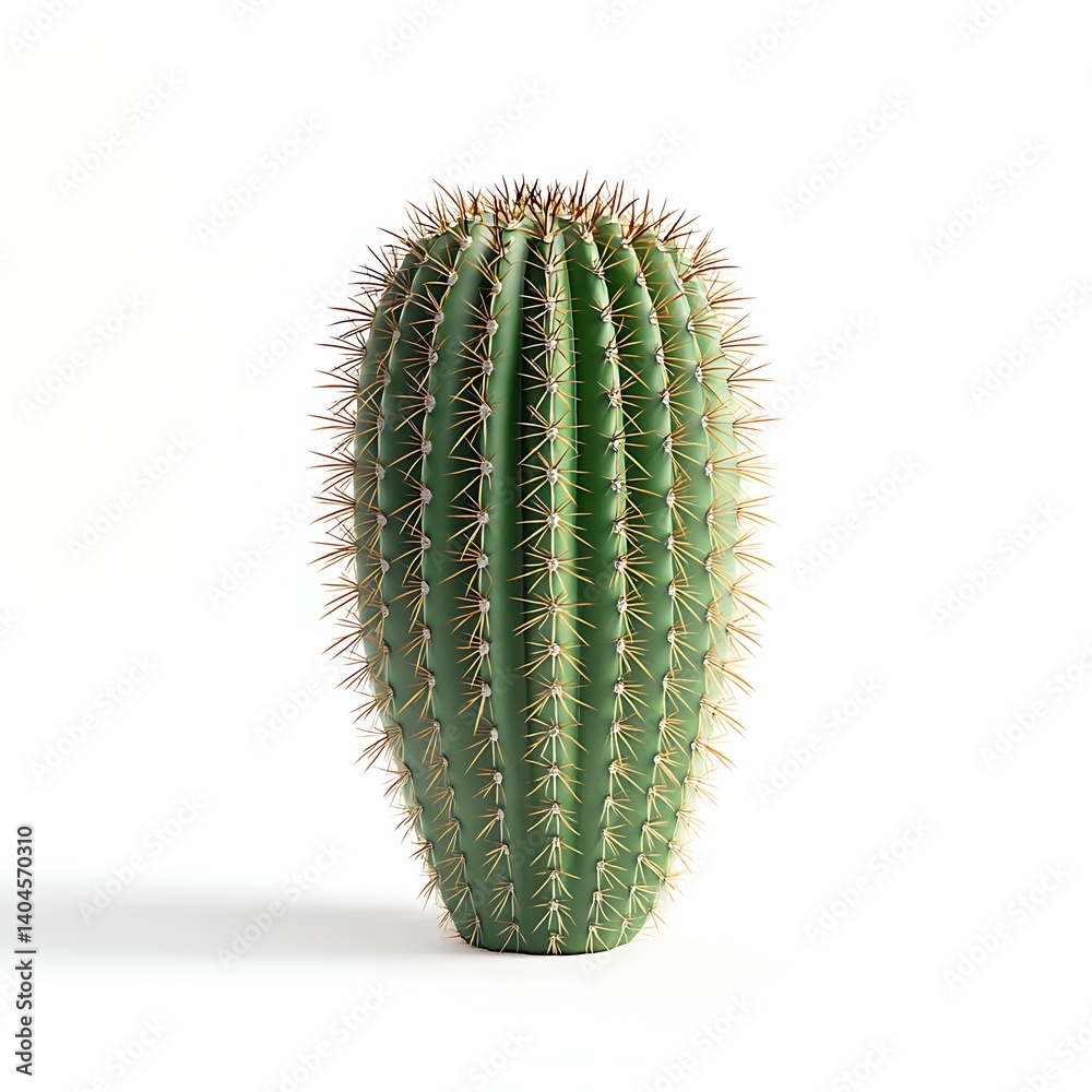 Naklejka premium Prickly Desert Icon: A single saguaro cactus stands tall, its spiky green exterior a stark contrast to the barren landscape surrounding it.