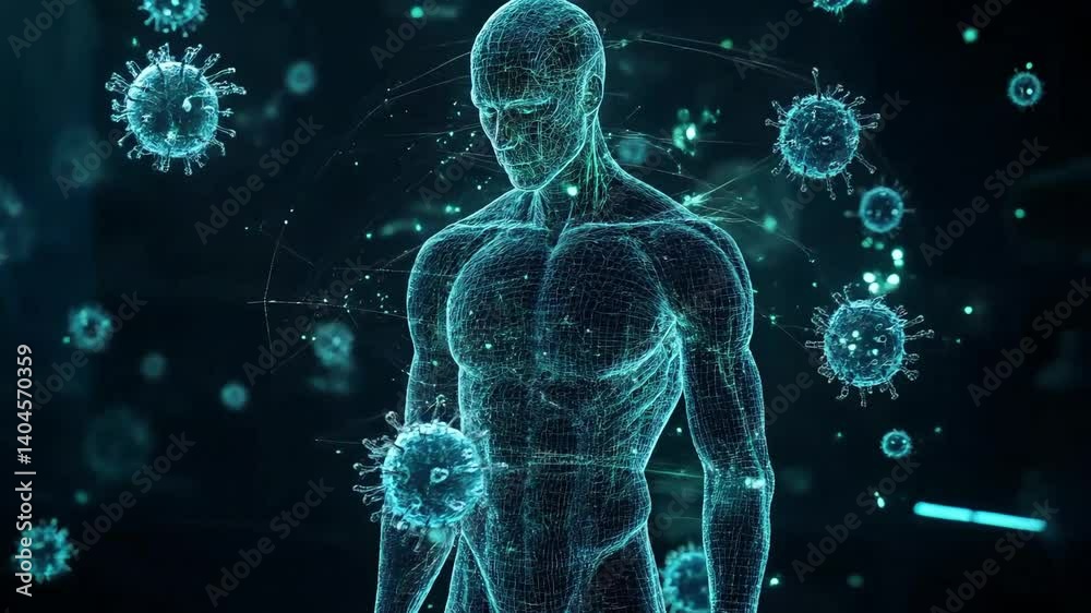 A glowing transparent digital human figure body holographic model surrounded by virus cells, the human immune system defending the body, ideal for medical and scientific visualizations on immunity.