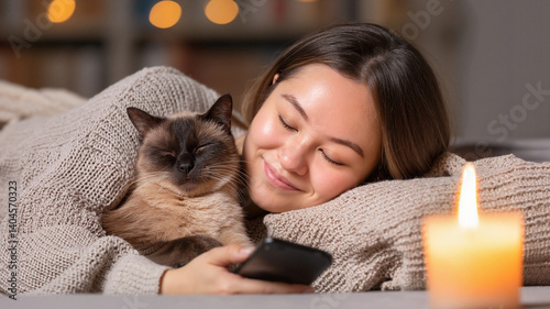 Woman enjoying time with her cat while using smartphone in cozy room  