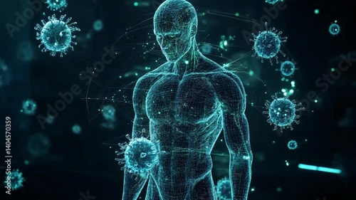 A glowing transparent digital human figure body holographic model surrounded by virus cells, the human immune system defending the body, ideal for medical and scientific visualizations on immunity.