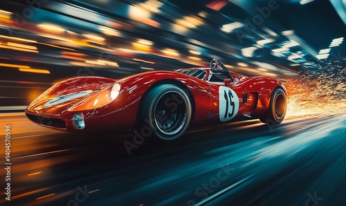 Red classic car speeding on a blurred track, showcasing motion and velocity