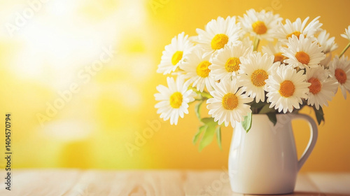 beautiful bouquet of daisies in white vase, radiating warmth and joy against soft yellow background. sunlight enhances cheerful atmosphere, making it perfect for brightening any space