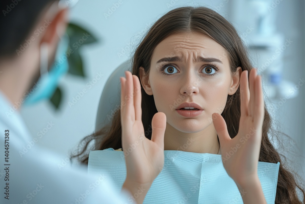 Fearful patient in a dental appointment, expressing anxiety while facing the dentist