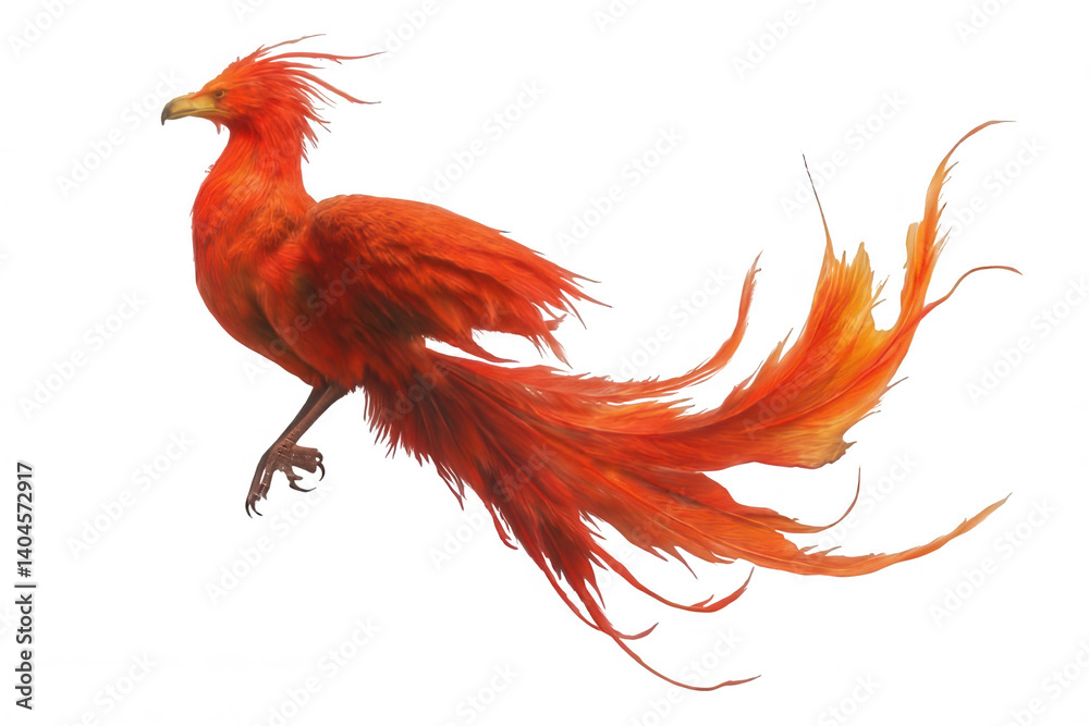 Fototapeta premium Realistic Phoenix with Closed Wings and Fiery Plumes Transparent Background