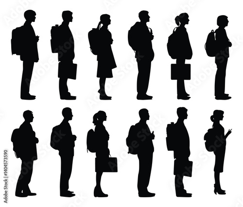 Silhouettes of students and professionals in a queue vector illustration.