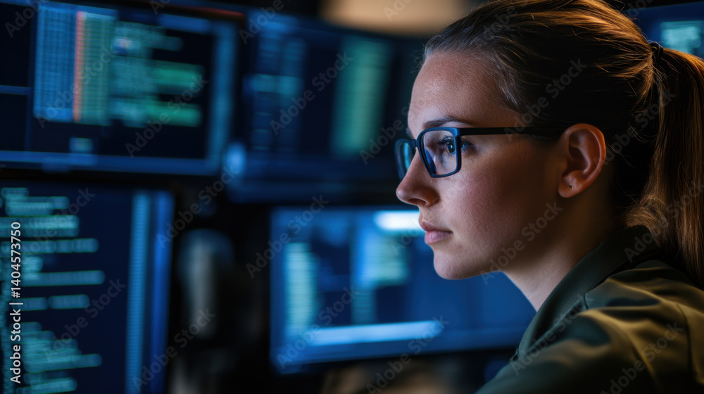 focused cybersecurity specialist analyzes data on multiple screens, showcasing modern workspace filled with code and digital information. atmosphere is intense and professional focused cybersecurity specialist analyzes data on multiple screens, showcasing modern workspace filled with code and digital information. atmosphere is intense and professional