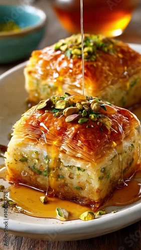 Baklava With Honey Syrup And Pistachios On White Plate