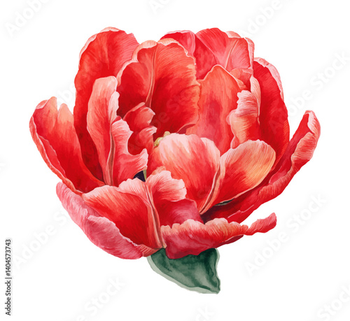 Watercolor Painting of Red Tulip Flower Blossom Isolated on White Background