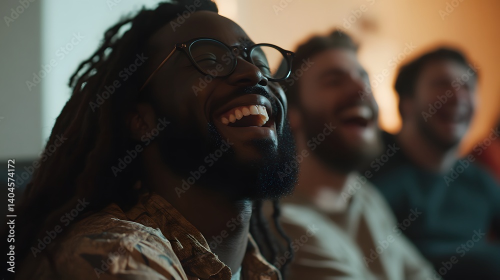 A group of friends laughing together while watching a funny movie at home A group of friends laughing together while watching a funny movie at home