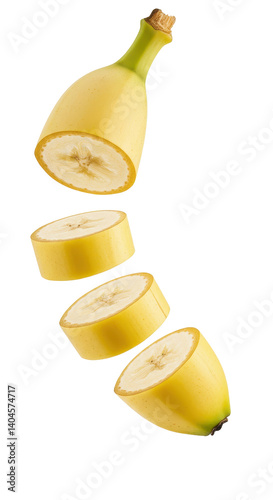 Banana slices falling cut out, isolated on transparent background PNG.