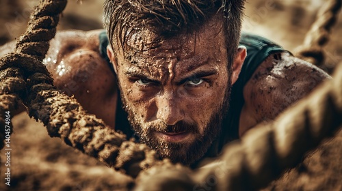 A man overcoming an obstacle course with determination and a look of triumph on his face