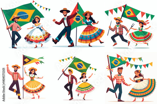 vector of men and women dancing in traditional sao joao clothes