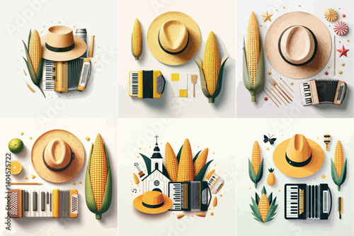 vector poster sao joao straw hat, accordion, sweet corn.