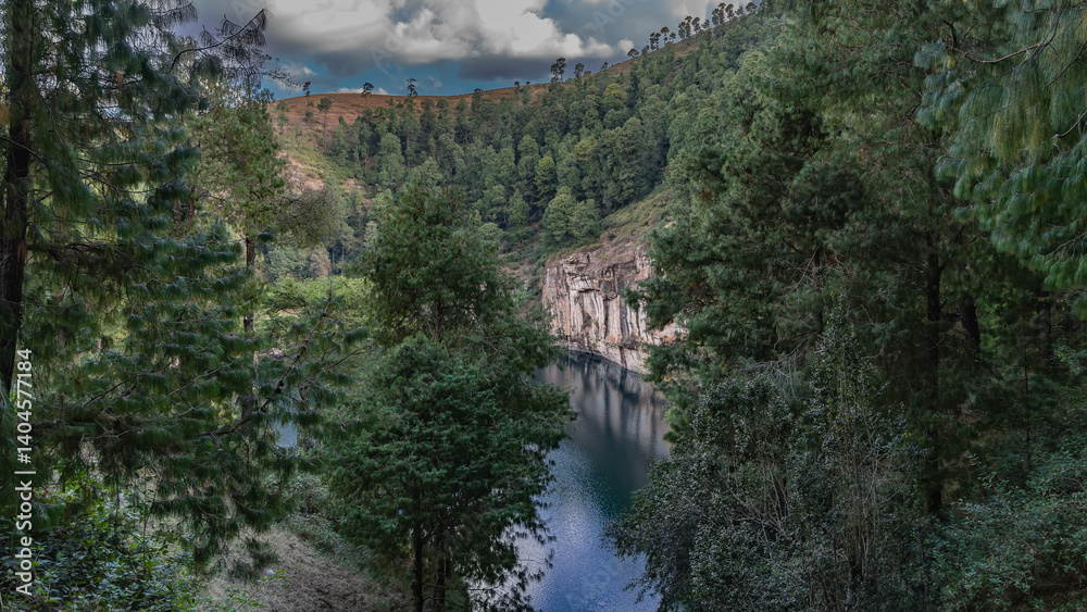 Fototapeta premium A beautiful alpine lake in the crater of an extinct volcano. Steep shores. Coniferous forest on the mountainside. Reflection on calm water. Trees in the foreground. Madagascar. Tritriva Lake.