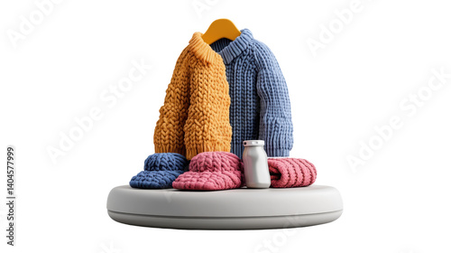 Cozy handknitted sweaters and accessories on a display with a milk bottle against a black background photo