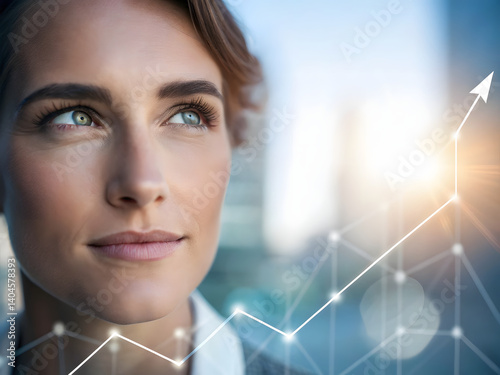 confident woman visualizing smart money management with rising graph symbolizing financial growth