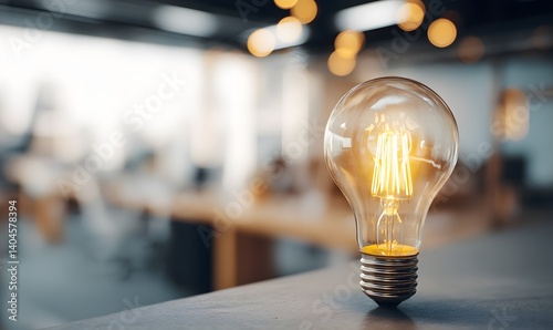 Bright Illuminated Edison Light Bulb on Table Modern Office Workspace Background Idea Inspiration Innovation Success Startup Business Concept Design  