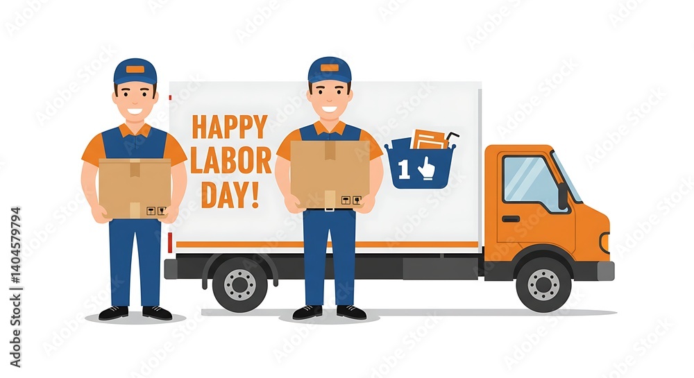 Happy Labor Day: Delivery Workers with Packages and Truck Happy Labor Day: Delivery Workers with Packages and Truck