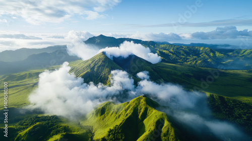 Aerial view of majestic volcanic landscape featuring lush green hills and dramatic cloud formations. scene evokes sense of tranquility and awe in nature beauty photo