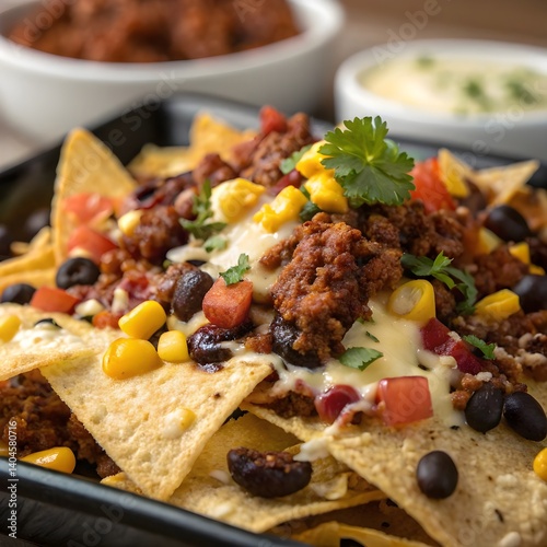 Fully Loaded Nachos with Chorizo, Black Beans, And Corn.