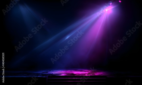 Dark Stage with Purple and Blue Neon Lights Dramatic Lighting Effects Glowing Rays Abstract Background Modern Design Digital Art Futuristic Vibe      