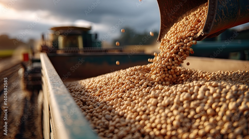 Soybeans being poured into truck from harvester at sunset, showcasing agricultural process