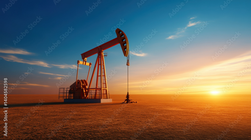 oil pump jack stands prominently in vast desert landscape, illuminated by warm glow of sunset. scene captures essence of energy production in serene yet powerful environment oil pump jack stands prominently in vast desert landscape, illuminated by warm glow of sunset. scene captures essence of energy production in serene yet powerful environment