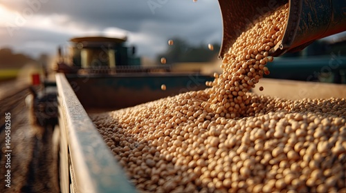 Obraz na płótnie Soybeans being poured into truck from harvester at sunset, showcasing agricultural process w salonie