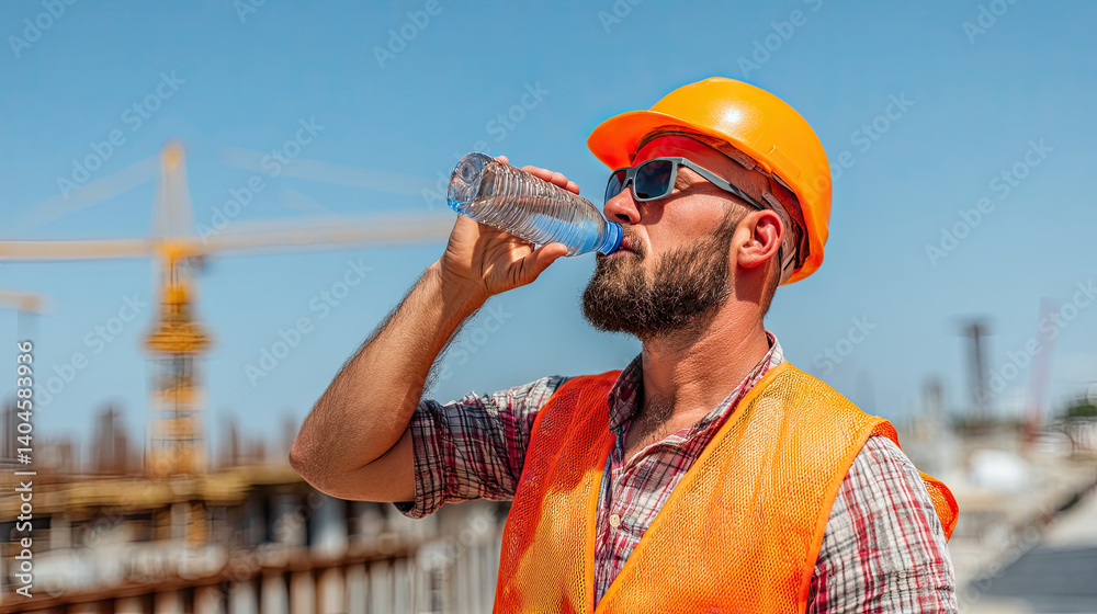 Construction worker drinking water on construction site during hot summer day