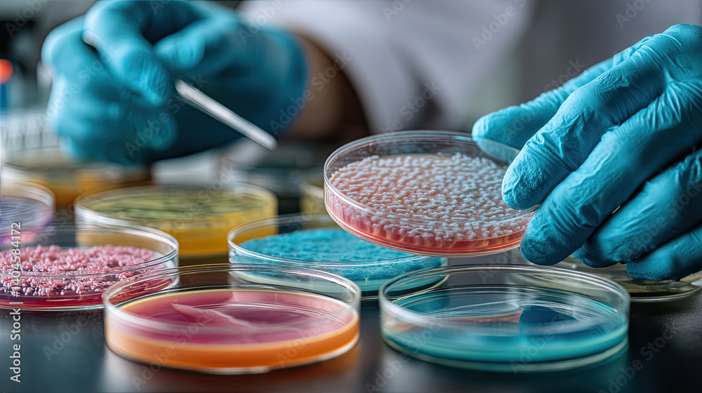 Gloved hands holding petri dishes containing vibrant and diverse microbial colonies, conducting research in a scientific setting