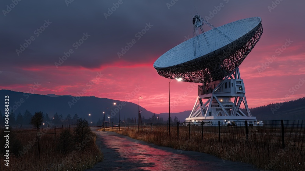 Giant radio telescope exploring the universe under a beautiful pink and purple sunset