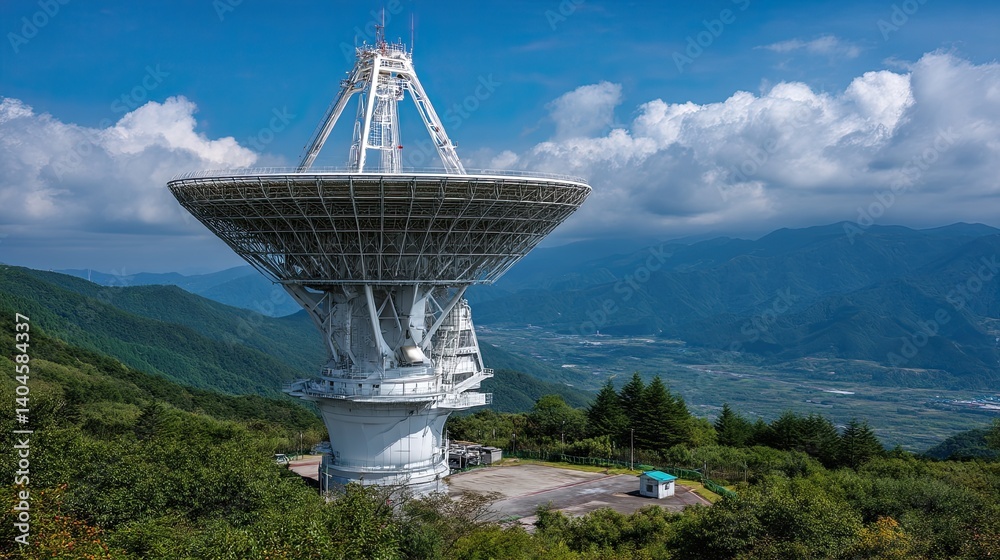Gigantic radio telescope exploring the universe, nestled amidst a snowy mountain range and pine forest