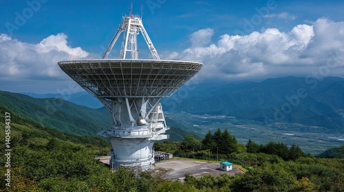 Obraz na płótnie Gigantic radio telescope exploring the universe, nestled amidst a snowy mountain range and pine forest w salonie
