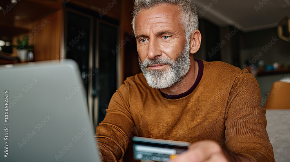 Focused mature man with grey hair and beard holding credit card and using laptop, making online purchase from home
