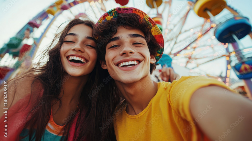 Obraz premium Photorealistic close-up of happy young people having fun and taking a selfie in a colorful amusement park