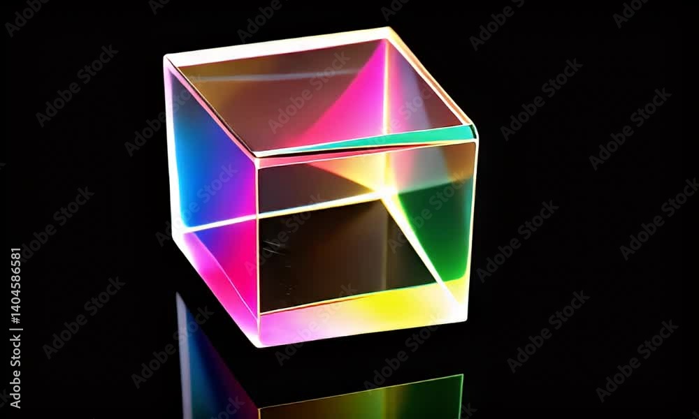 Irridescent, colorful, transparent cube.