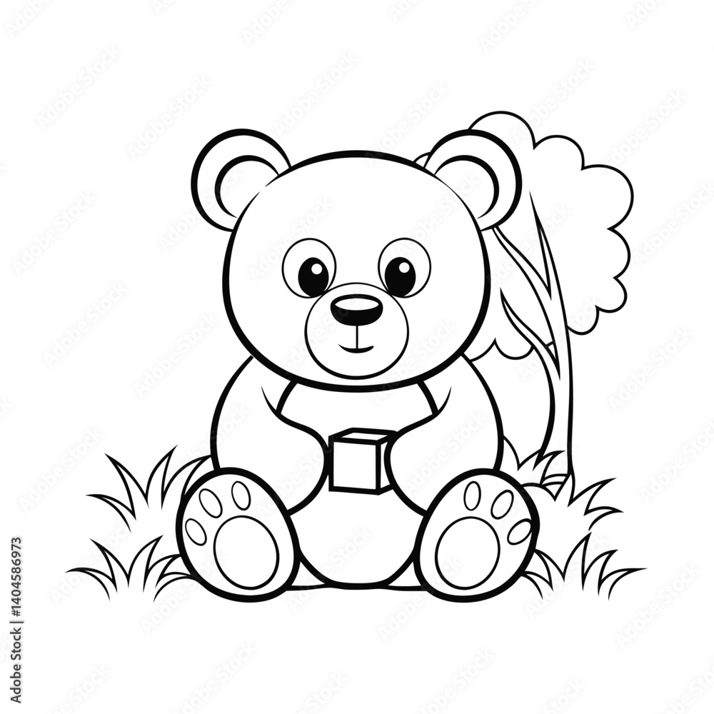 Fototapeta premium cute teddy bear with toy blocks grass and a tree (1).eps